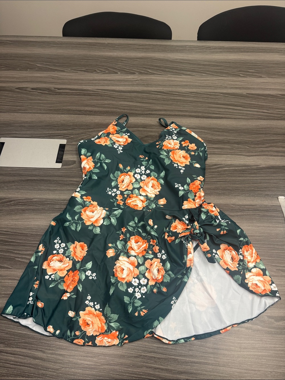 Floral Green One-Piece Swimdress with Orange Rose Print